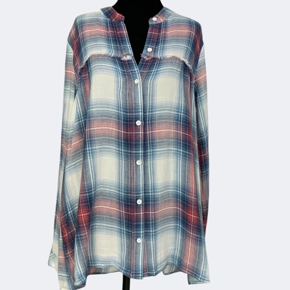 Anthropologie Cloth & Stone Red Blue Cotton Plaid Collarless Button Front Top S - Picture 5 of 13